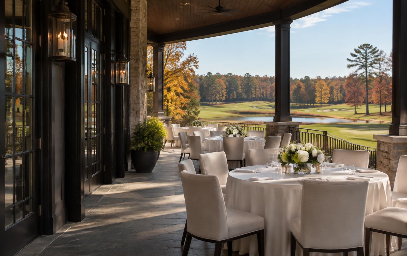 Illustrative country-club terrace overlooking an autumn golf course